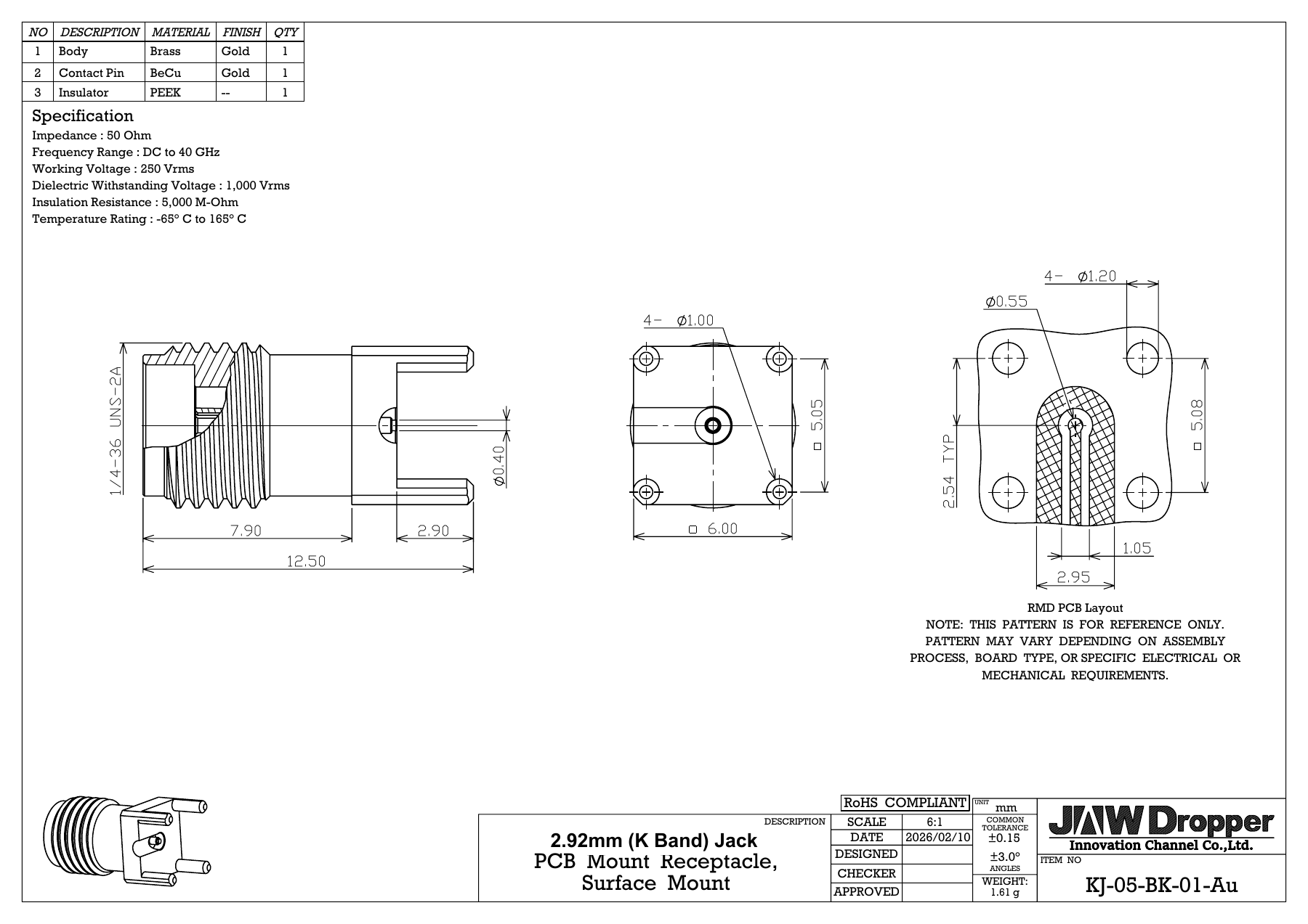 KJ-05-BK-01-Au 2.92mm (K Band) jack dimensions, PCB layout and materials drawing