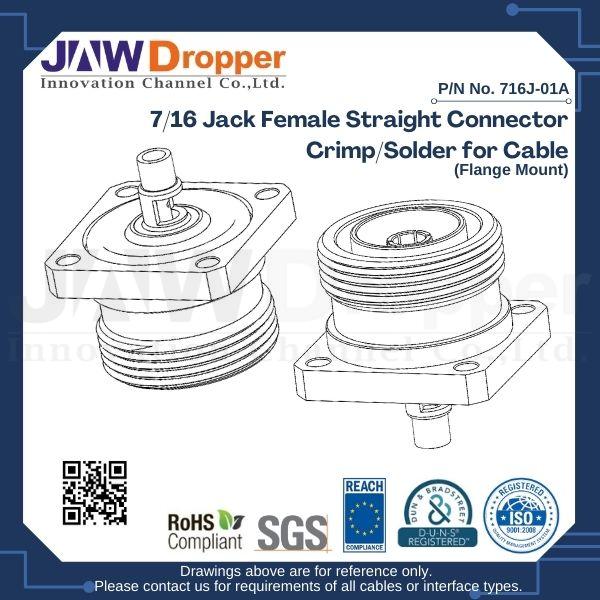 7/16 Jack Female Straight Connector Crimp/Solder for Cable (Flange Mount)