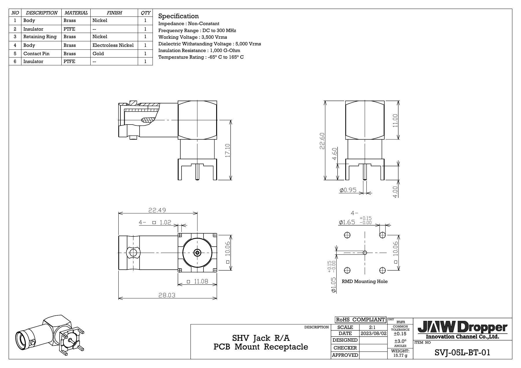 SVJ-05L-BT-01 SHV right-angle PCB jack dimensions and materials drawing