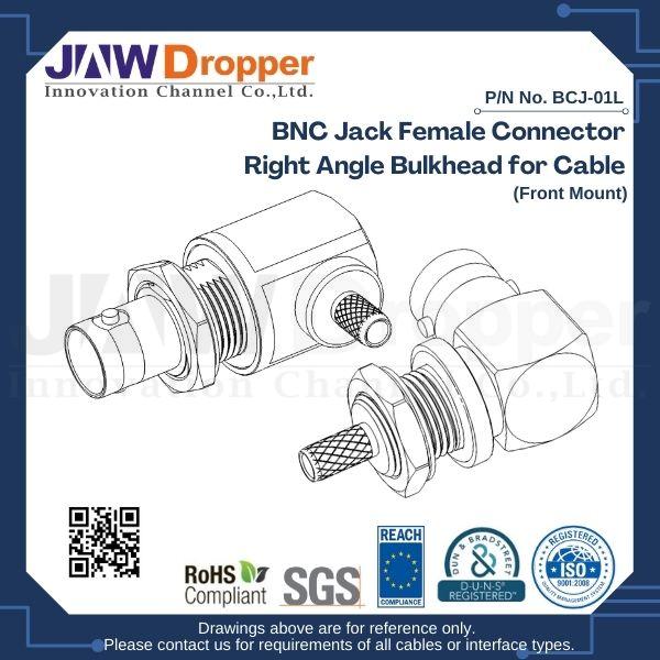 BNC Jack Female Connector Right Angle Bulkhead for Cable (Front Mount)