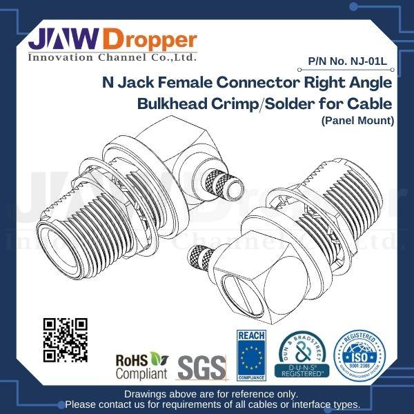 N Jack Female Connector Right Angle Bulkhead Crimp/Solder for Cable (Panel Mount)
