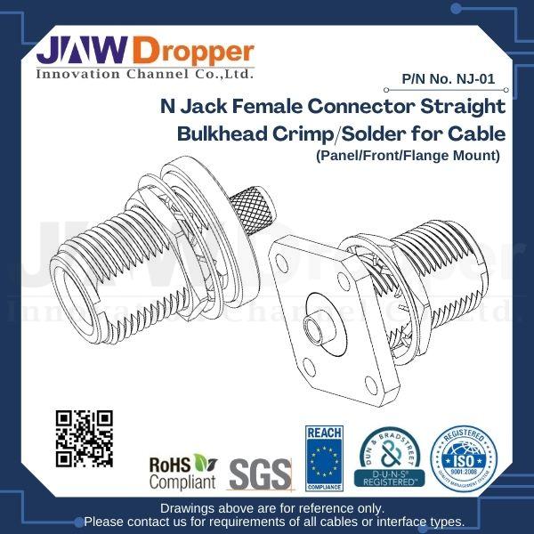 N Jack Female Connector Straight Bulkhead Crimp/Solder for Cable(Panel/Front/Flange Mount)